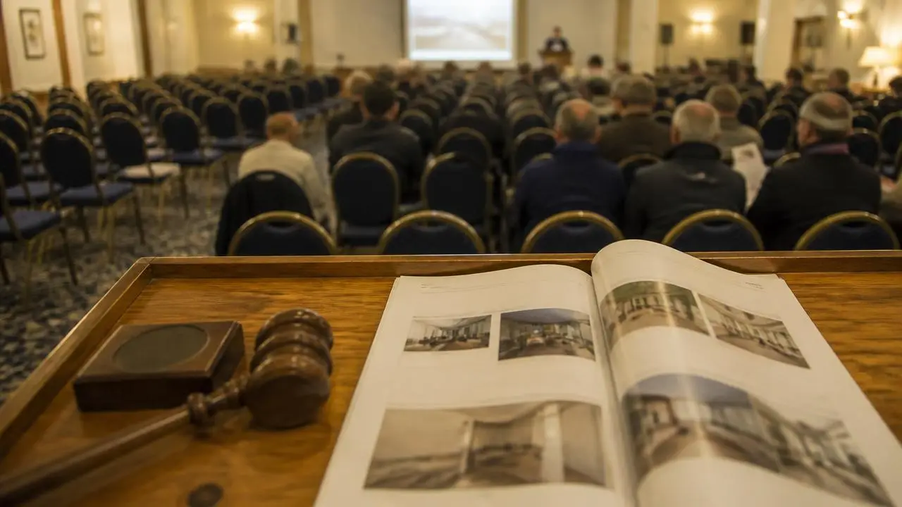 UK property auction room with a lot catalogue on the auctioneer's lectern