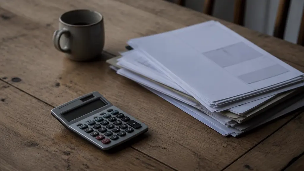 Calculator and a stack of invoices on a wooden table