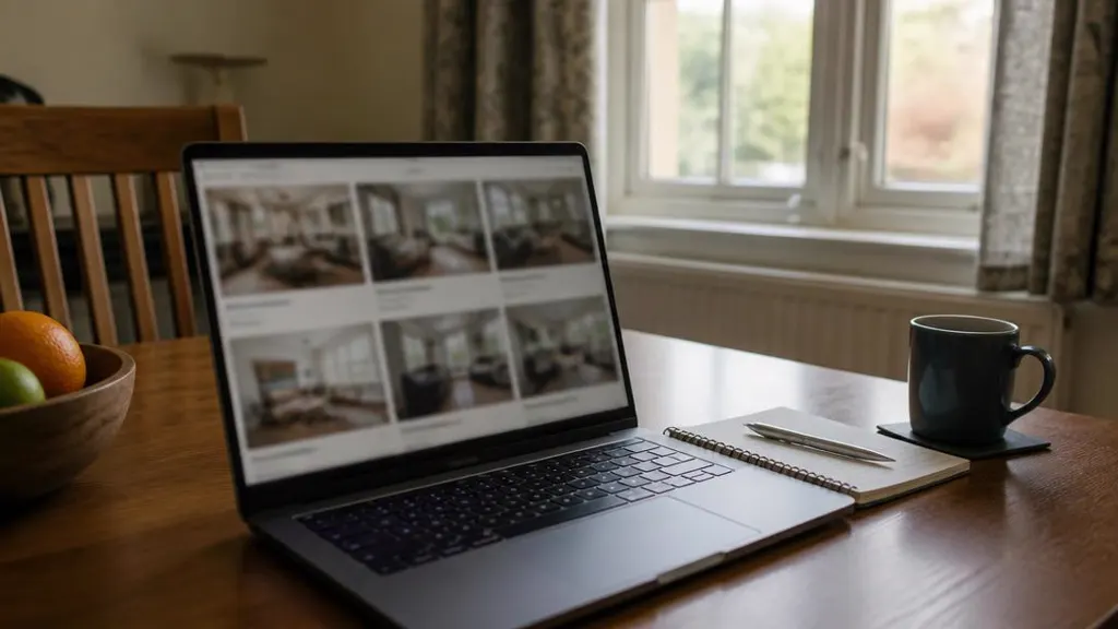 Laptop showing a property listing grid on a dining table