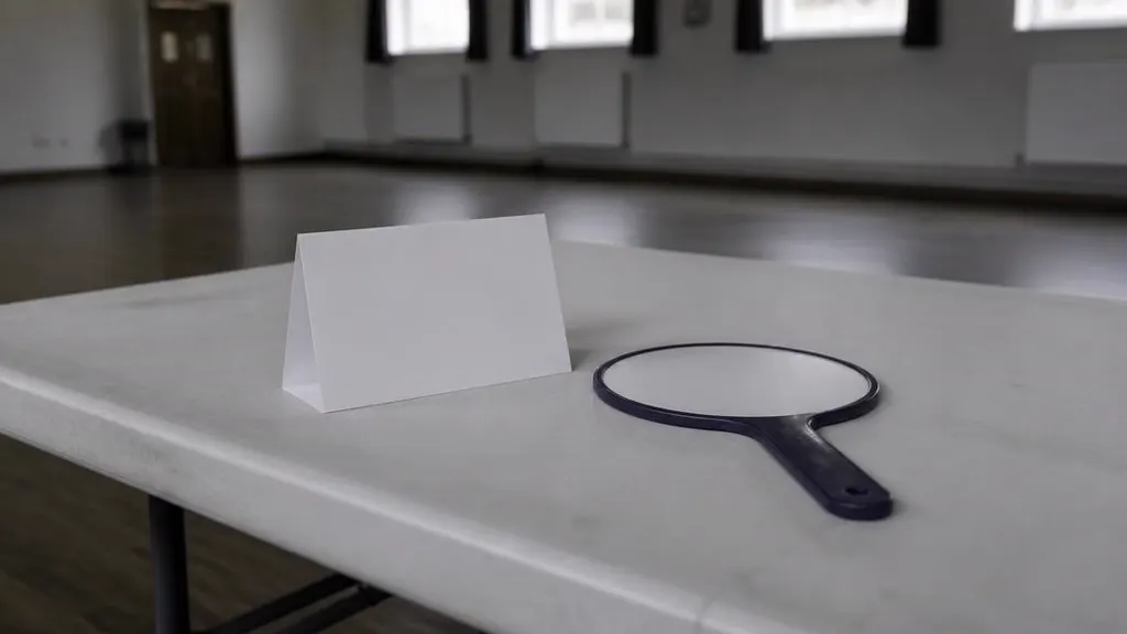 Blank auction lot card and a bidder paddle on a table in a bare hall