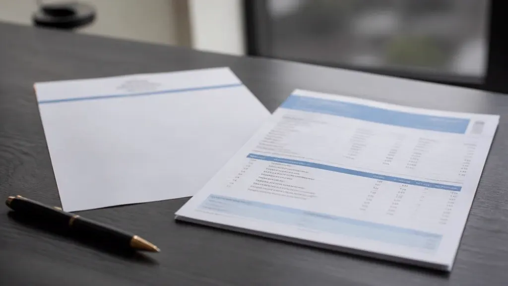 Company letterhead, proof of funds statement and a pen on an office desk