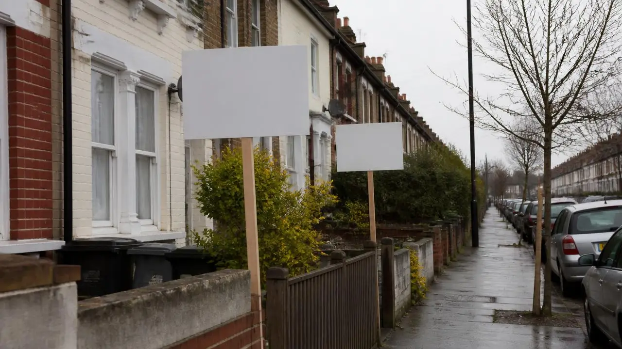Estate agent For Sale boards outside terraced houses