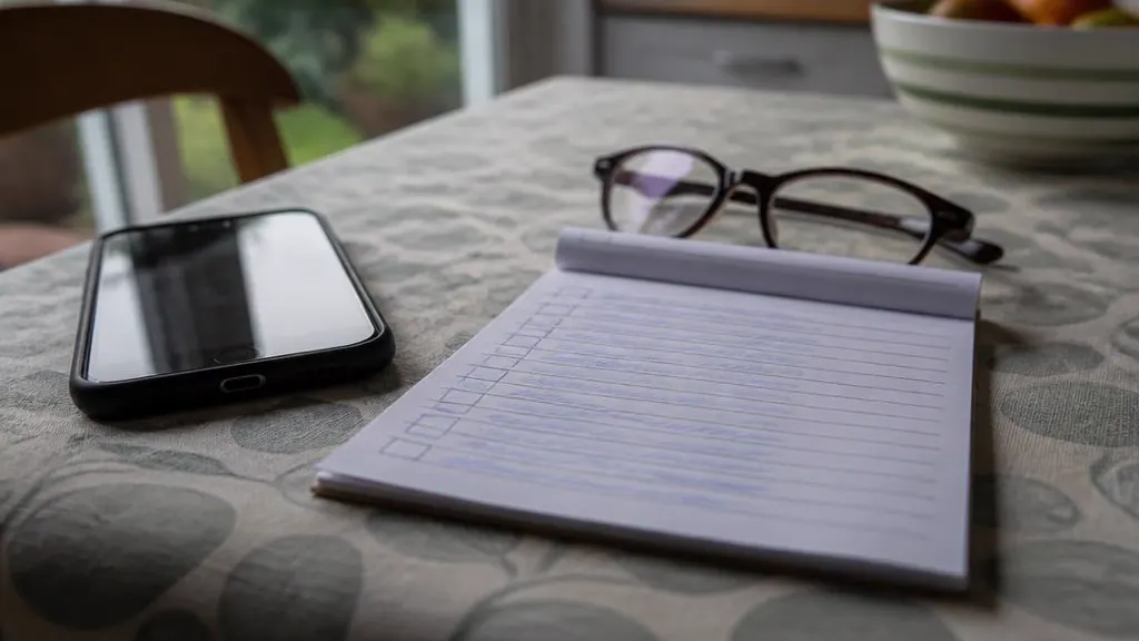 Hand-written checklist on a notepad beside glasses and a phone