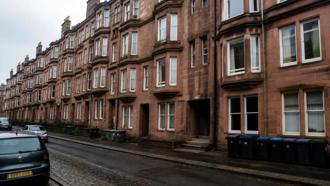 Red sandstone tenement flats on a Glasgow street
