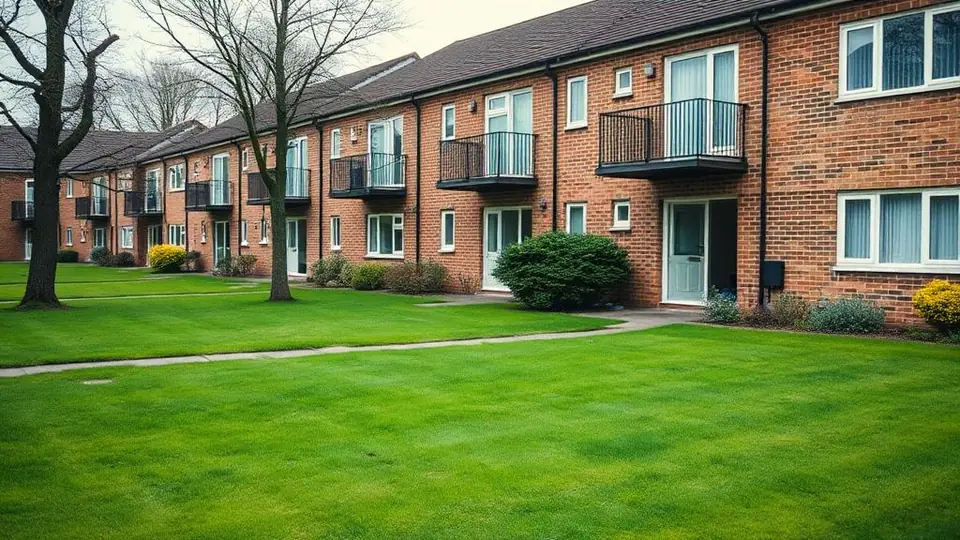 Row of low-rise brick leasehold flats with balconies and a communal lawn