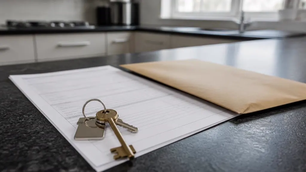House keys resting on a completion statement and solicitor's envelope