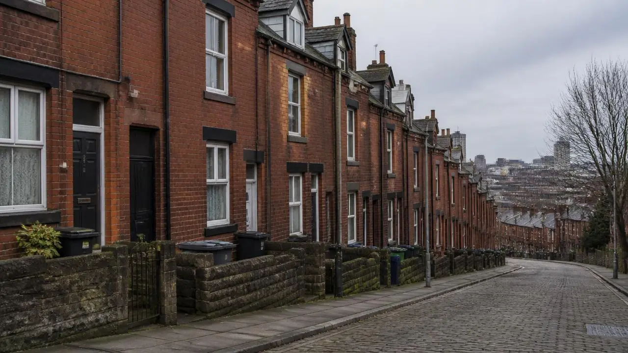 Back-to-back red brick terraces on a sloping Leeds street