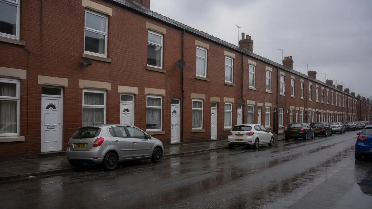 Red brick terraced street in Manchester on a wet day