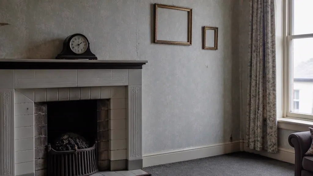 Mantelpiece clock and empty picture frames in an unoccupied sitting room