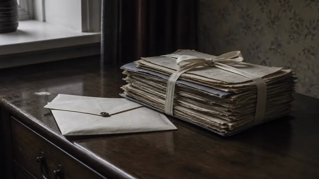 Bundle of old documents tied with ribbon beside a sealed envelope