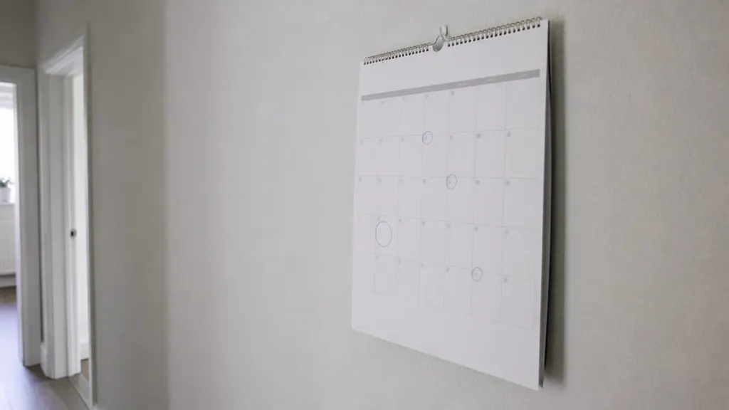 Wall calendar in a hallway with several dates circled in biro