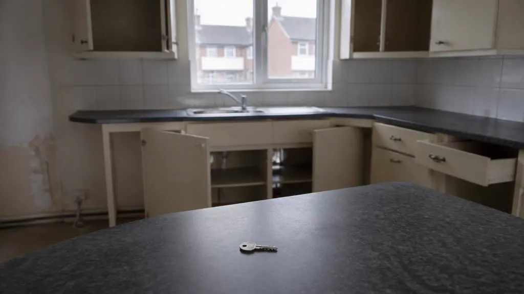 Single house key left on an empty kitchen worktop in a cleared home