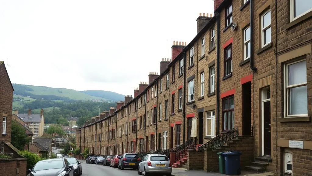 Steep street of stone-built Victorian terraces in Sheffield with hills beyond