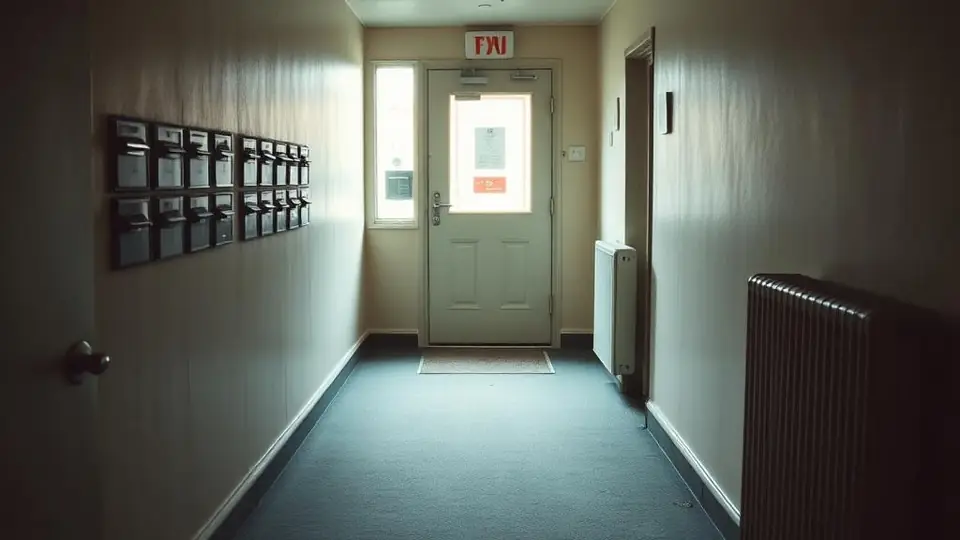 Communal entrance hallway of a 1970s leasehold flat block with letterboxes
