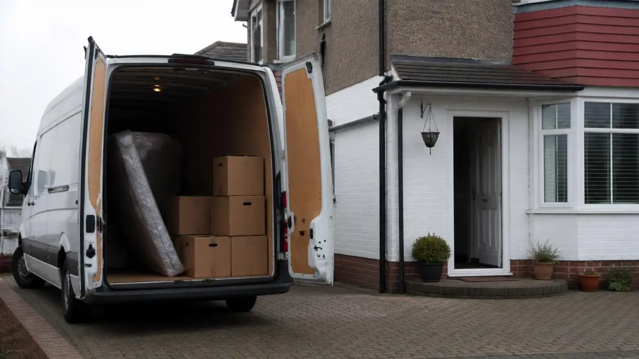 Sold board outside a semi-detached house with a removal van on the drive