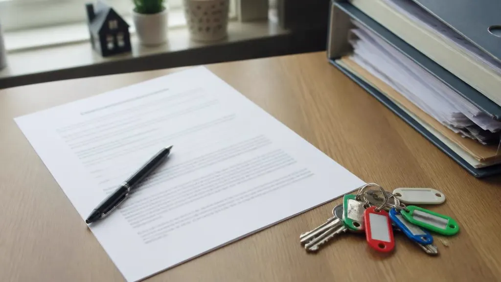 Tenancy agreement and labelled keys on a landlord's desk beside tenancy files