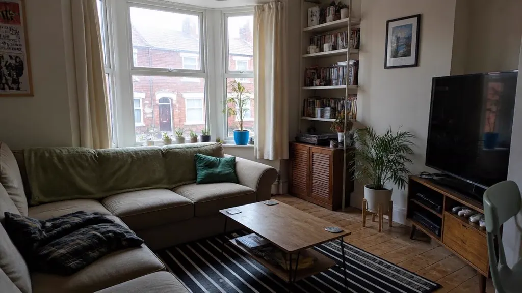 Lived-in rented lounge with a well-used sofa and tenant's belongings