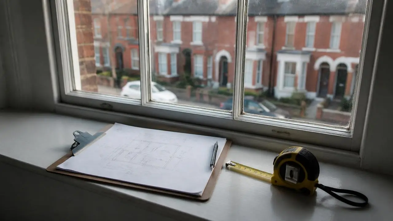 Surveyor's clipboard and floor plan on the windowsill of an empty house