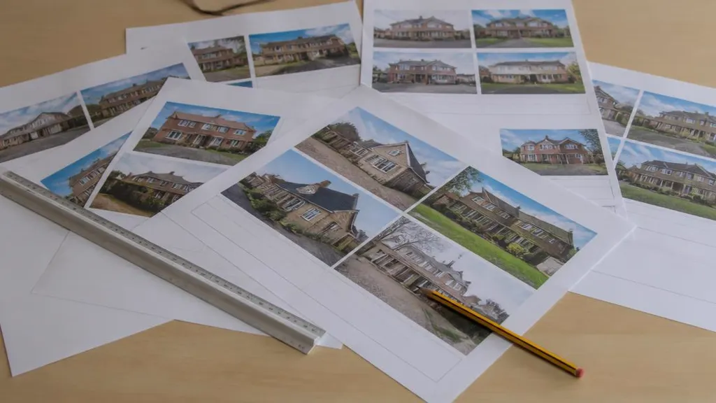 Printed sold-price comparables spread across a desk with a pencil and ruler